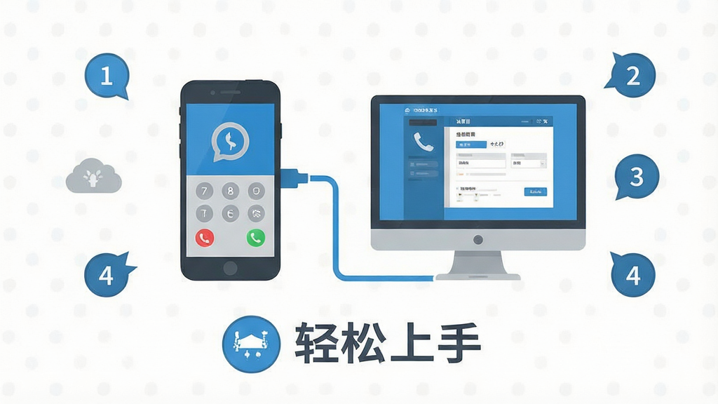 主体:如意宝电话使用指南示意图,手机与电脑连接图标。布局:中央为手机和电脑图标,周围环绕操作步骤序号。排版:图标下方有文字“轻松上手”。风格:扁平插画风,蓝色与灰色搭配。细节:手机屏幕上显示拨打界面,电脑屏幕显示设置界面。画质:高清,干净,无多余元素