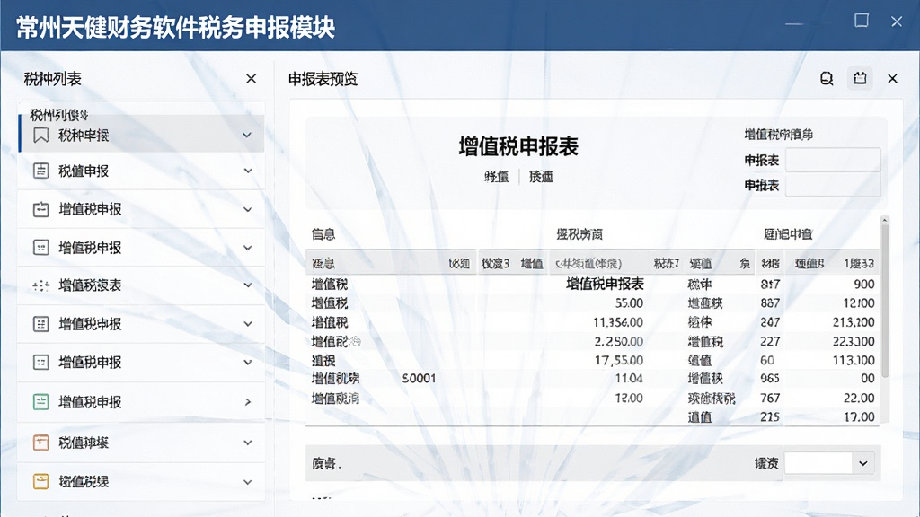 主体:常州天健财务软件税务申报模块,布局:左侧为税种列表,右侧为申报表预览,排版:信息层级分明,风格:简洁商务,细节:显示“增值税申报表”字样,画质:高清,干净,无多余元素