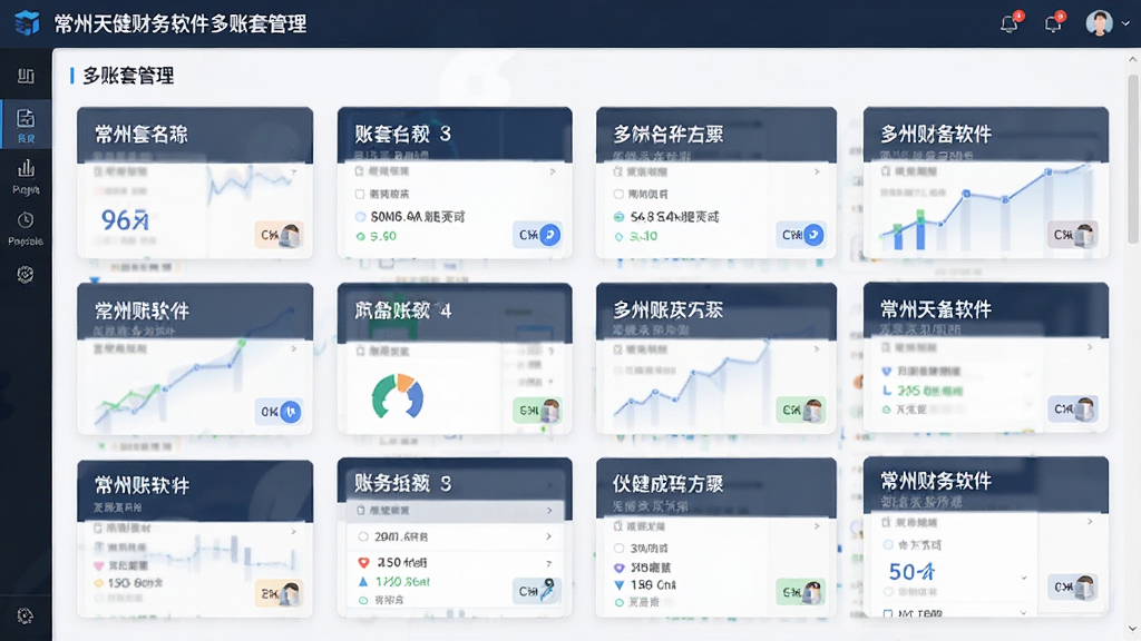 主体:常州天健财务软件多账套管理界面,布局:界面显示多个账套卡片,排版:卡片式布局,风格:现代商务,细节:每张卡片标注账套名称,画质:高清,干净,无多余元素