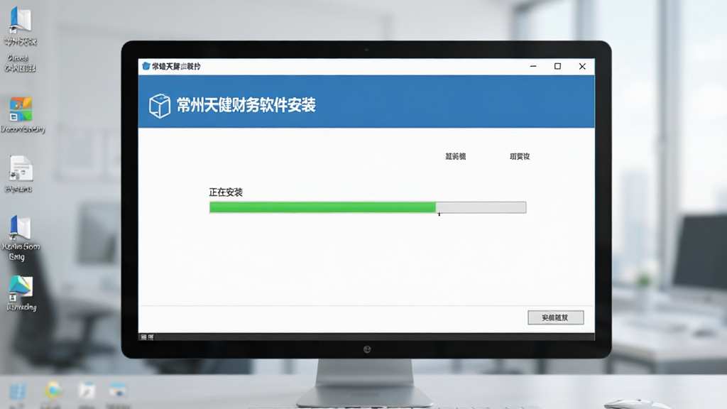 主体:常州天健财务软件安装界面,布局:安装向导屏幕居中,背景为电脑桌面,排版:简洁,风格:现代,细节:屏幕显示“正在安装”进度条,画质:高清,干净,无多余元素