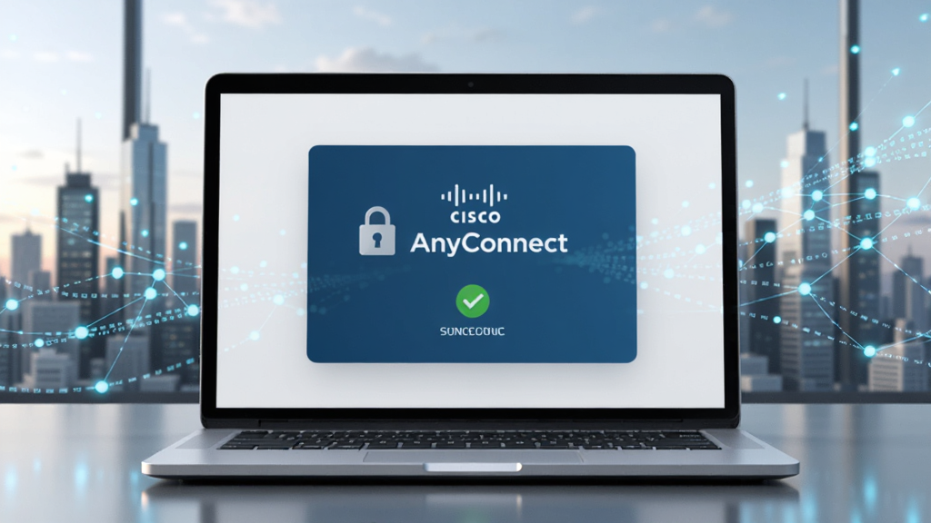 一幅现代商务场景的3D渲染图,主体为笔记本电脑屏幕显示“Cisco AnyConnect”连接成功界面,背景是城市天际线与网络数据流,布局居中,风格写实且科技感强,细节包括锁形图标和绿色连接状态,画质高清、干净、无多余元素