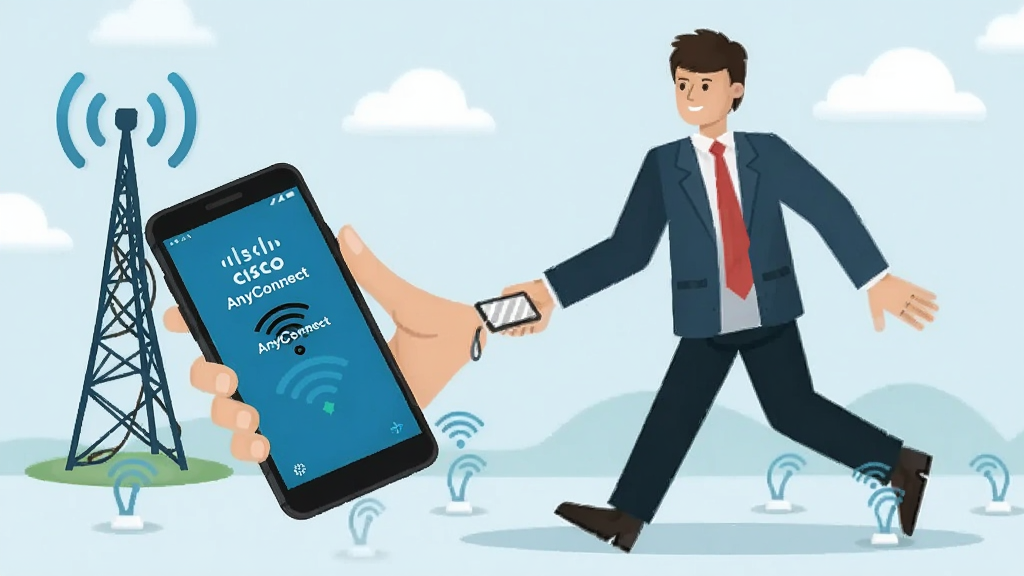 一名商务人士手持手机走过不同无线接入点,屏幕显示“Cisco AnyConnect”漫游状态,主体人物+手机,布局为横向动态,风格插画风,细节有信号塔与云朵,画质干净、无多余元素