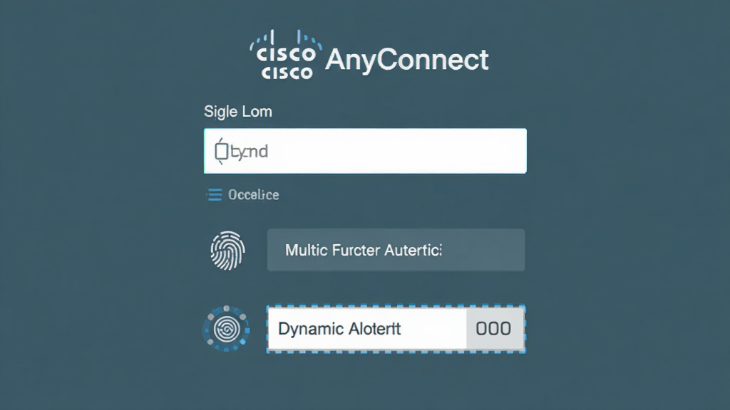 展示“Cisco AnyConnect”登录界面的示意图,主体为输入框与多因素认证选项,布局简洁居中,风格扁平化设计,细节包含指纹图标和动态令牌输入框,画质清晰、干净、无多余元素