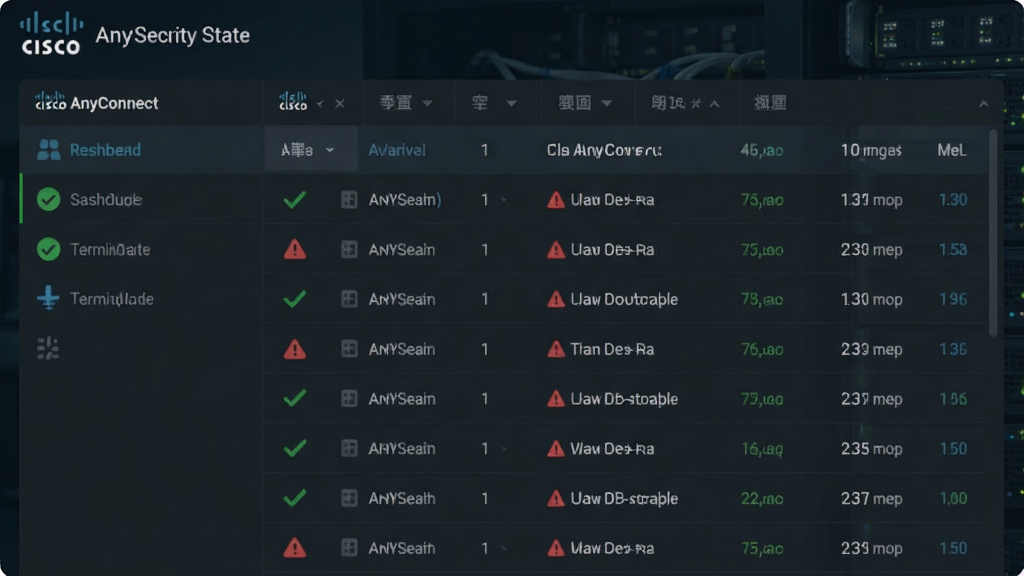 一幅网络安全仪表盘界面,主体为“Cisco AnyConnect”终端安全状态列表,布局为左右分栏,风格采用深色主题,细节显示绿色对勾与红色警告图标,画质高清明亮、干净、无多余元素