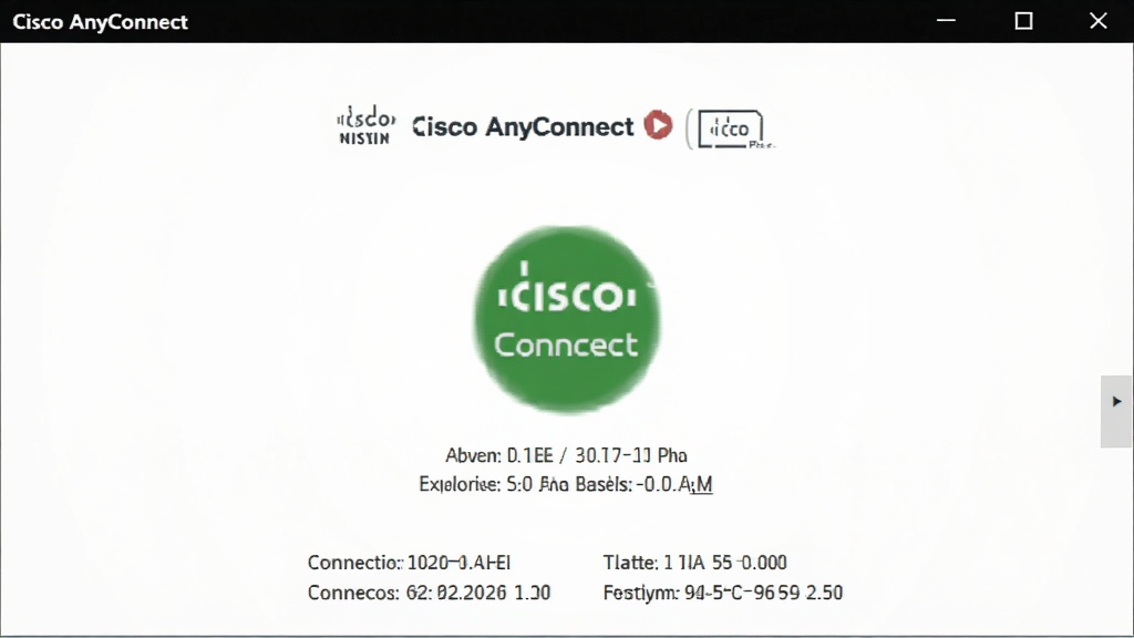 一幅电脑端“Cisco AnyConnect”连接成功后的界面截图,主体为绿色连接状态图标,布局居中,风格写实,细节包含连接时长和流量统计,画质干净、无多余元素