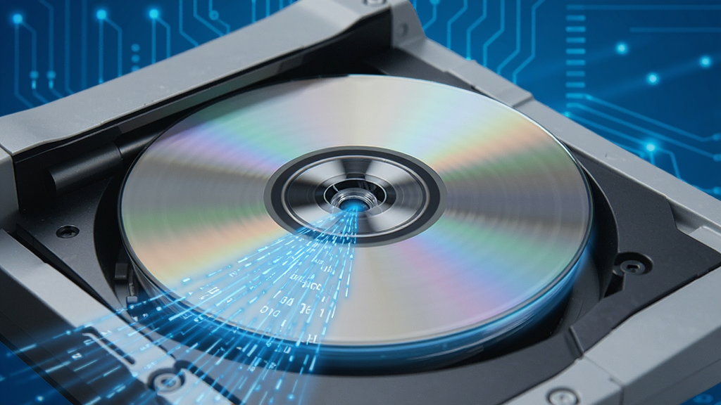 一张动态效果图,展示DVD/CD光盘刻录SDK开发包的高速刻录过程,光盘在刻录机中旋转,数据流以蓝色光线形式写入光盘,背景为科技感蓝色调,画面干净,无多余元素