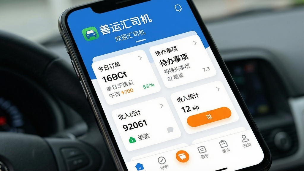 一张智能手机屏幕展示善运汇司机APP主界面,界面风格简洁现代,顶部显示“善运汇司机”绿色Logo与欢迎语,中部清晰罗列今日订单、待办事项、收入统计等模块卡片,底部为导航栏。整体布局直观,色彩以蓝白为主,辅以橙色高亮按钮,画质清晰干净,无多余元素。