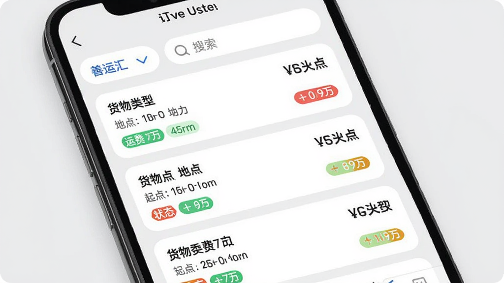 手机界面展示善运汇司机APP的订单列表页,每条订单卡片显示货物类型、起止地点、运费金额及状态标签,页面顶部有筛选栏和搜索框,背景为浅灰色,卡片圆角设计,信息密集但排列整齐,画质干净无多余元素。
