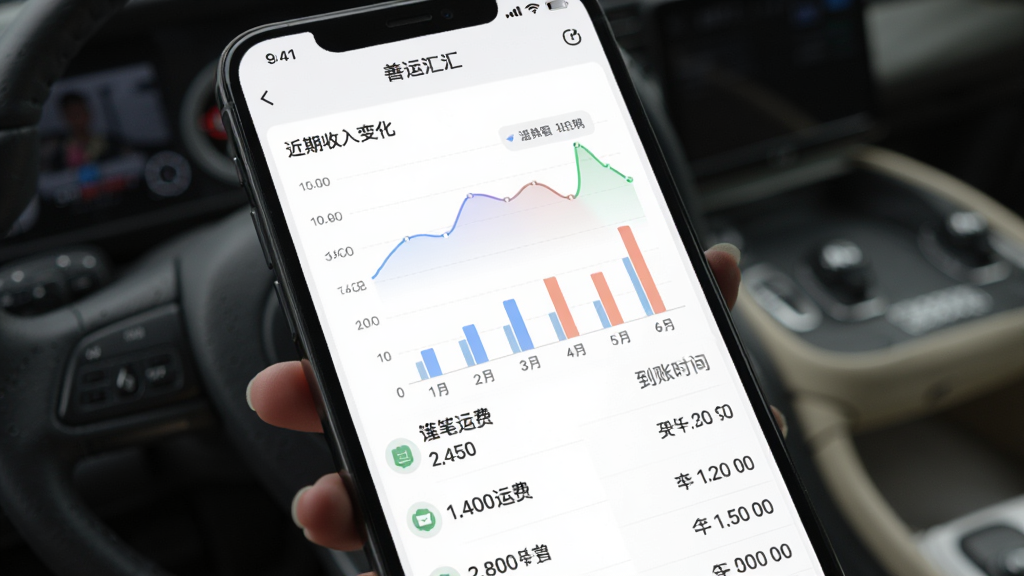 手机屏幕展示善运汇司机APP的财务统计页面,以折线图和柱状图展示近期收入变化趋势,下方列表列出每笔运费的金额和到账时间,背景为白色,图表配色柔和,数据清晰易读,画质干净无多余元素。