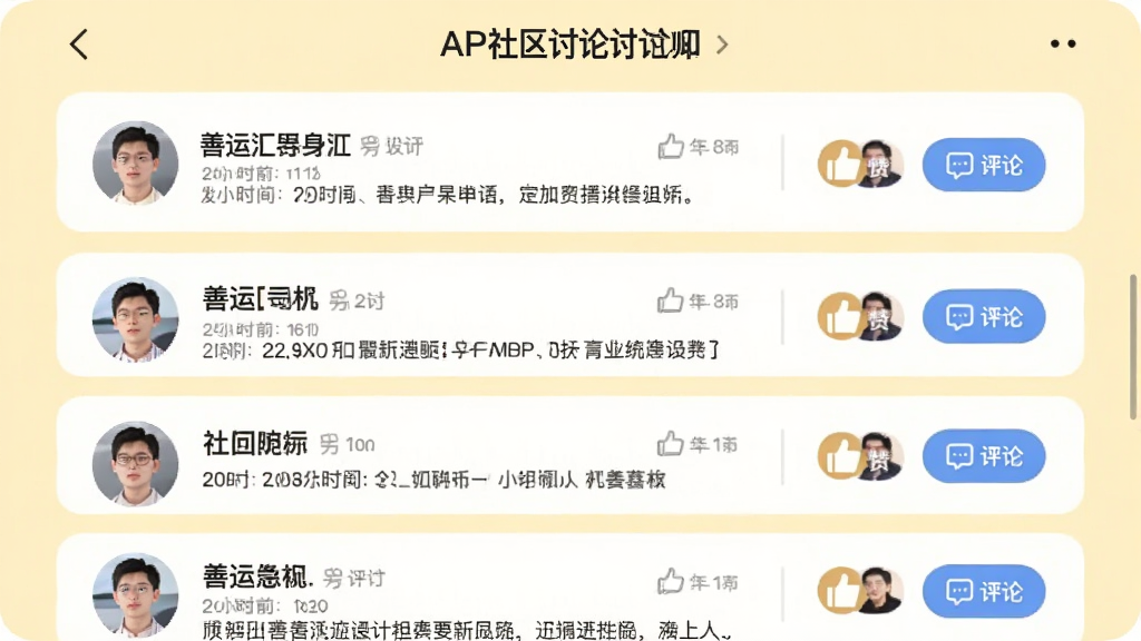 善运汇司机APP社区讨论区界面,展示多条帖子列表,每条帖子包含用户头像、昵称、发布时间和内容摘要,并有点赞和评论按钮,背景为浅黄色,卡片风格柔和,画质干净无多余元素。