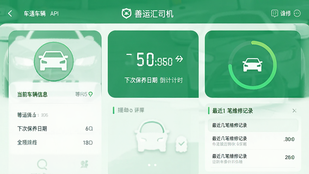 善运汇司机APP车辆管理页面,显示当前车辆信息、下次保养日期倒计时和最近几笔维修记录,界面以绿色为主色调,配有车辆图标和进度环,布局规整,画质干净无多余元素。