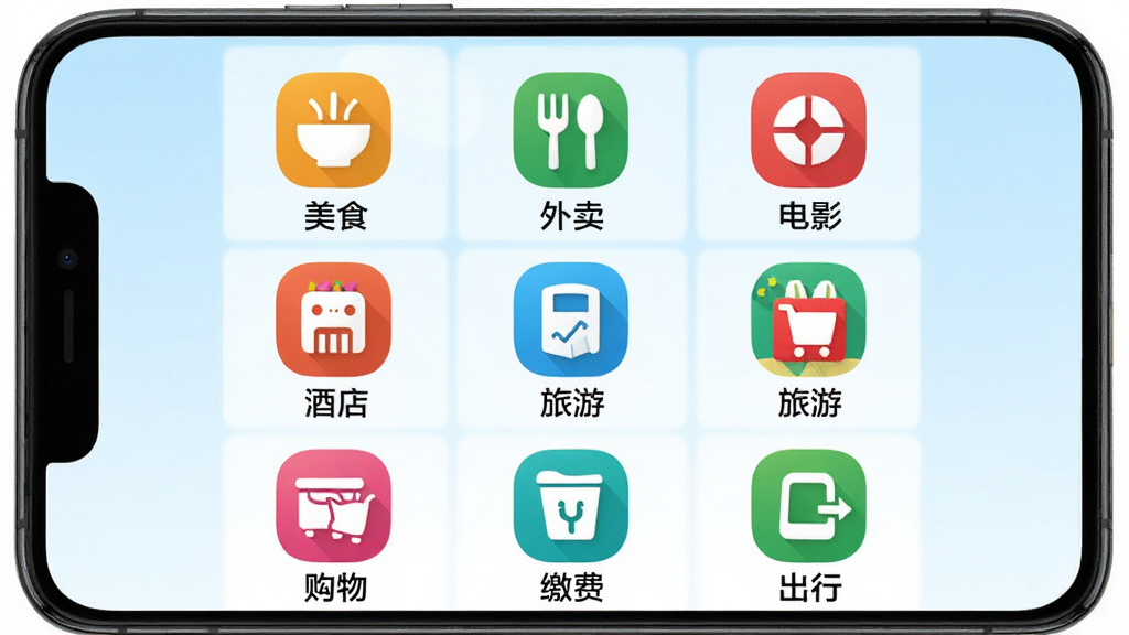 手机屏幕展示“欢美生活”APP的服务分类页面,以九宫格图标形式展示美食、外卖、电影、酒店、旅游、购物、缴费、出行等服务模块,每个图标下方配有中文文字标签,背景为淡蓝色渐变,整体风格简洁明快,图标色彩鲜艳,画质干净无多余元素。