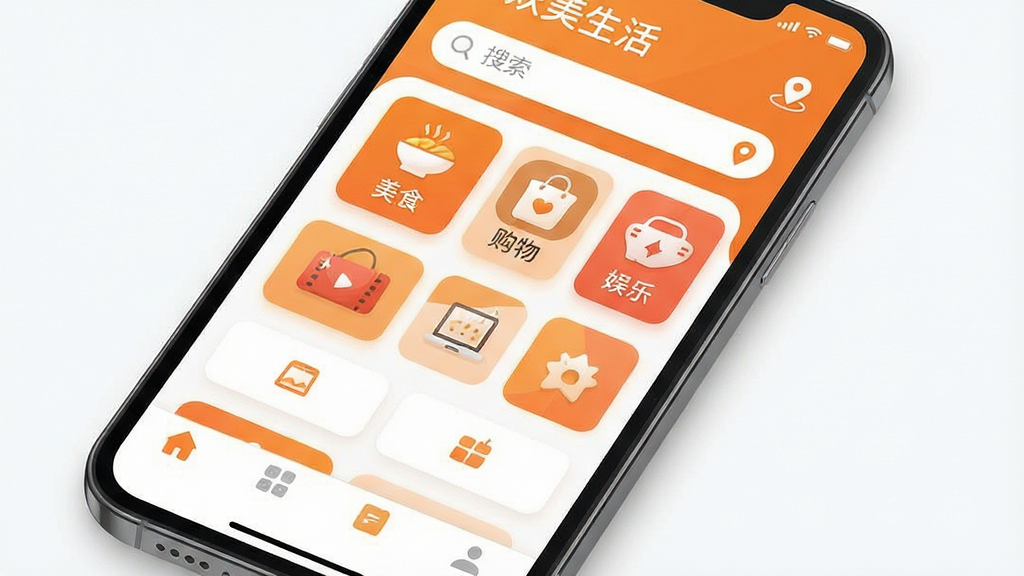 画面主体为一部智能手机屏幕特写,屏幕中清晰显示“欢美生活”APP的首页界面,界面顶部有搜索栏和定位图标,中部展示各类本地生活服务入口图标,如美食、购物、娱乐等,底部有导航栏。整体布局采用卡片式设计,色彩明亮温暖,以橙色和白色为主色调。画面风格为现代扁平化UI设计,细节丰富,画质清晰干净,无多余元素。