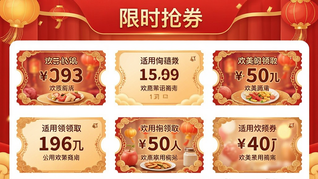一张欢美生活APP的优惠券领取页面截图,页面上方有“限时抢券”标题,下方排列多张圆形优惠券卡片,券面显示金额和适用商家,背景为喜庆的红色与金色搭配,券面设计精美,整体画面清晰明亮,突出“欢美生活”品牌名称。