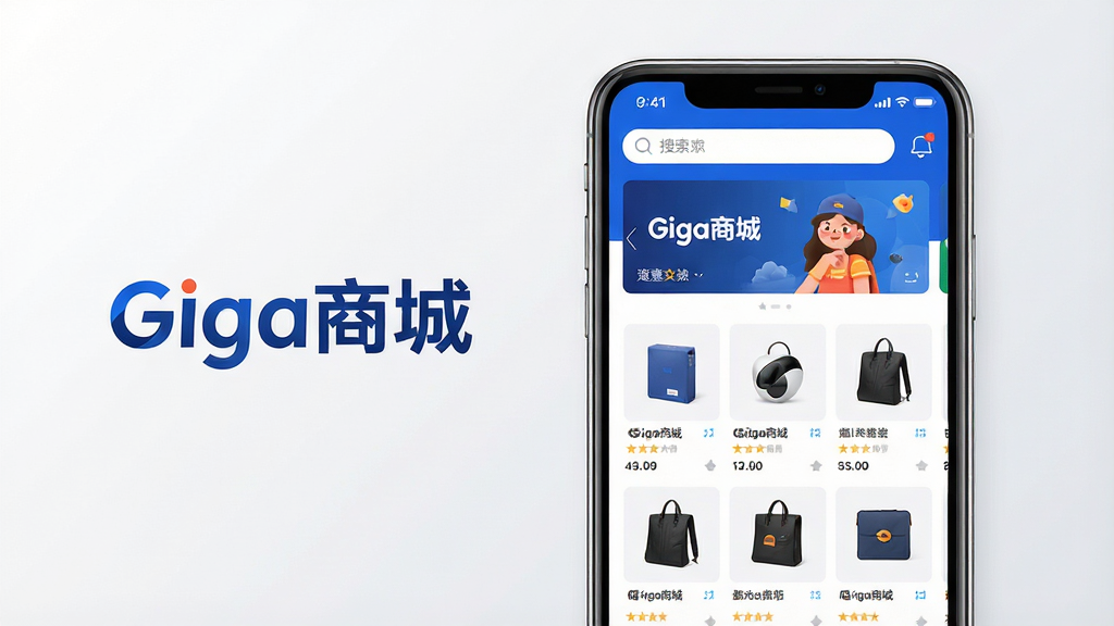画面主体为一部亮屏的智能手机,屏幕中展示“Giga商城”APP主界面,界面顶部为搜索栏与轮播横幅,下方网格布局展示各类商品缩略图,整体风格现代简约,主色调为品牌蓝与白色,背景为干净的浅灰色渐变,手机居中偏右,左侧留白处配有“Giga商城”艺术字Logo,排版清爽,细节丰富,画质高清,干净无多余元素