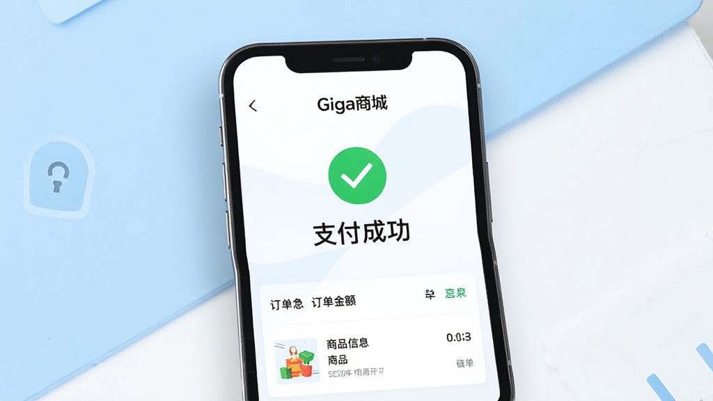 画面主体为一部手机屏幕展示“Giga商城”支付成功页面,屏幕中央显示绿色对勾与“支付成功”字样,下方列出订单金额与商品信息,背景为浅蓝色与白色相间,风格简洁商务,布局居中,细节包含锁形安全图标,画质高清,干净无多余元素