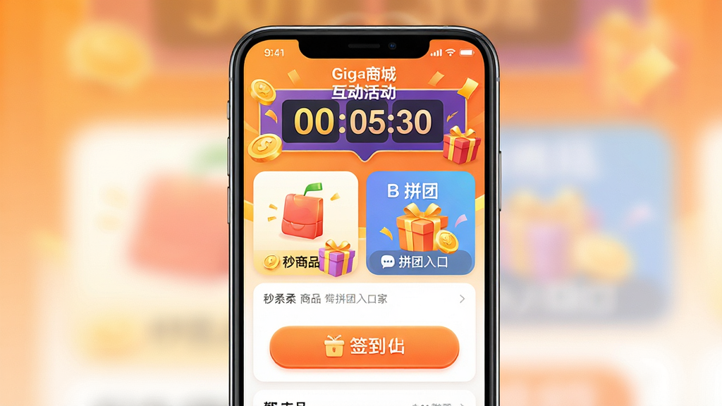 画面主体为手机屏幕展示“Giga商城”互动活动页面,页面顶部为倒计时横幅,下方分布秒杀商品、拼团入口、签到按钮等模块,色彩明亮活泼,配有金币、礼盒等元素点缀,背景为暖橙色渐变,布局错落有致,风格欢快,细节丰富,画质高清,干净无多余元素