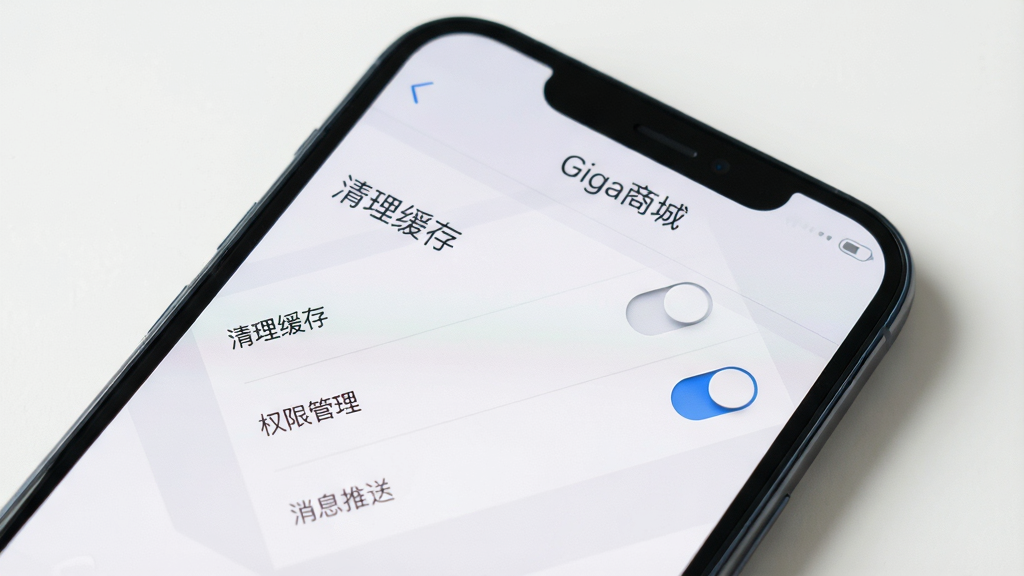 画面主体为手机屏幕展示“Giga商城”设置页面,页面中有“清理缓存”、“权限管理”、“消息推送”等选项,背景为浅灰与白色相间,风格简洁清爽,布局层次分明,细节包含滑动开关控件,画质高清,干净无多余元素