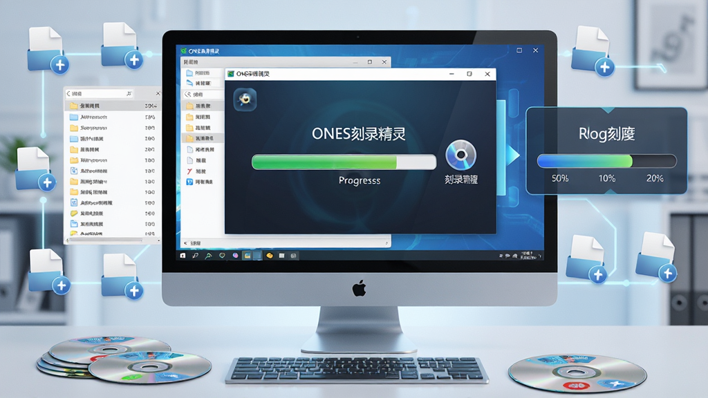 主体:ONES刻录精灵正在执行数据刻录任务,电脑屏幕前摆放着多张光盘。布局:电脑屏幕占据画面主体,屏幕中显示刻录进度条,周围散落着数据文件图标。排版:画面左侧为文件列表,右侧为刻录进度指示,视觉引导清晰。风格:写实风格结合科技感元素,光线明亮。细节:屏幕中明确显示
