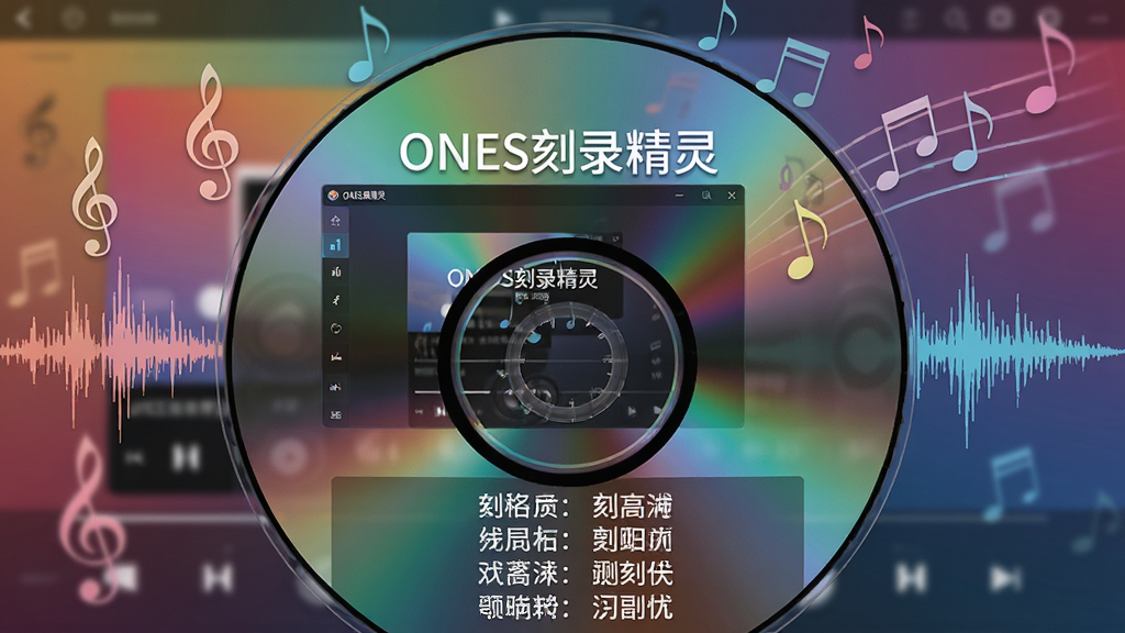主体:一张正在被刻录的音乐光盘特写,背景是音乐播放界面。布局:光盘位于画面中心,周围环绕着音符符号和音频波形图。排版:画面下方排列着歌曲名称列表,清晰直观。风格:融合音乐元素的创意风格,背景为渐变色。细节:光盘表面反射出
