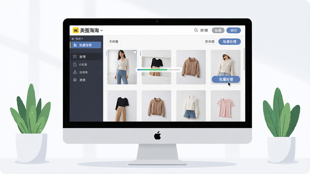 主体:一台运行着美图淘淘软件的电脑显示器,屏幕上显示着批量处理图片的界面,多张商品图片整齐排列。布局:画面中央是显示器,左右两侧有简约的绿植作为点缀,整体构图稳定。排版:显示器屏幕为视觉焦点,界面清晰展示功能按钮和图片缩略图。风格:现代简约的科技感插画,干净明亮。细节:屏幕中图片处理进度条清晰可见,鼠标指针悬停在“批量处理”按钮上。画质:4k高清,干净,无多余元素。