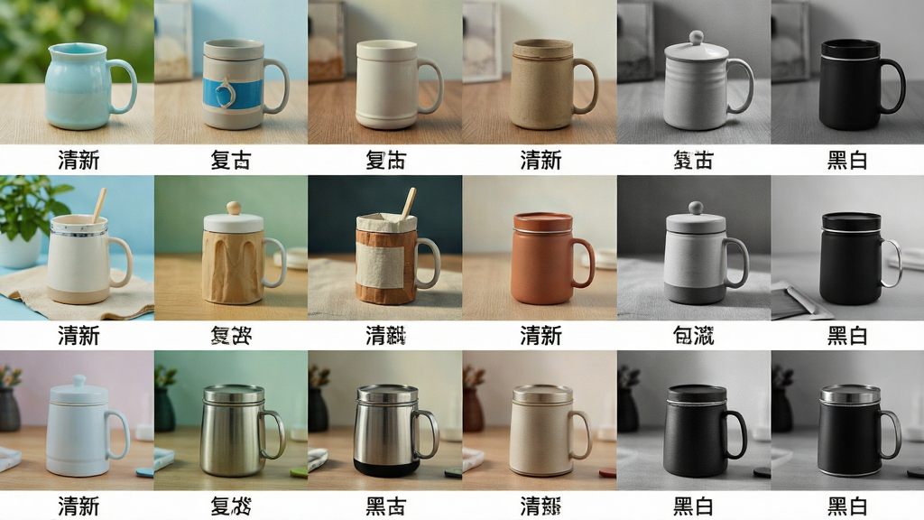 主体:多张处理后的商品图片拼贴在一起,展示不同滤镜效果,如“清新”、“复古”、“黑白”。布局:图片以网格状排列,每张图片下方标注有滤镜名称。排版:网格排列整齐,每张图片大小一致,视觉平衡。风格:视觉展示型拼贴画,色彩丰富,对比鲜明。细节:图片内容为日常用品,能清晰看出不同滤镜带来的色调与质感差异。画质:高清,细节丰富,干净,无多余元素。