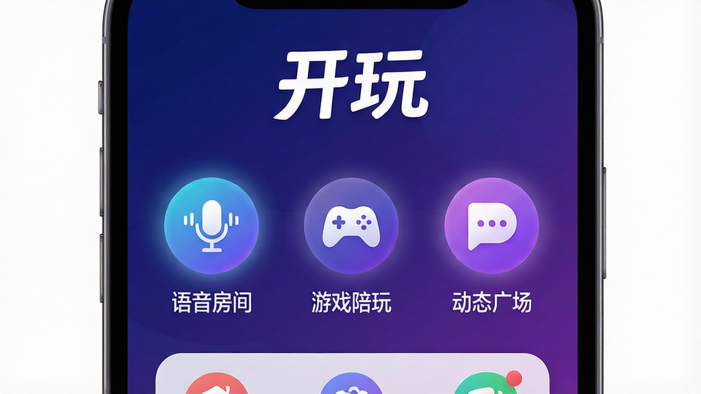 һ��չʾ����APP������ĸ����ͼ������������ɫ����ɫ����Ϊ��ɫ���������С����桱�İ�ɫ������Logo���·������š��������䡱������Ϸ���桱������̬�㳡����Բ�ι���ͼ�꣬���岼�ּ���ִ���������͵Ĺ���Ч��������������ϸ�ڷḻ���޶���Ԫ�ء�