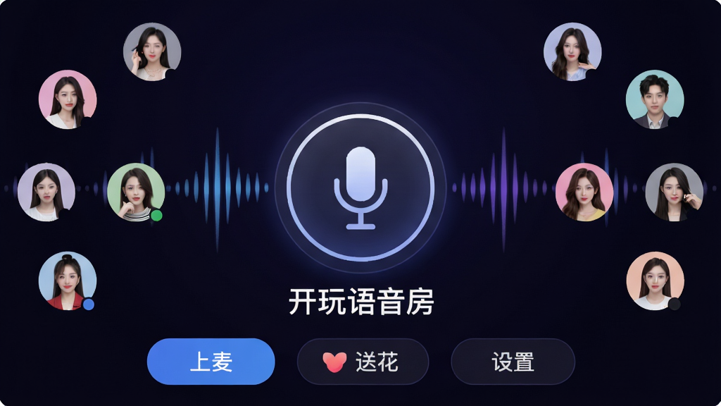 չʾ����APP������������Ч��ͼ������������һ��Բ����˷�ͼ�꣬��Χ�����Ŷ���û�ͷ�񣬱�������ɫ���䣬����������̬��Ч�������·��С����󡱡����ͻ����������á��Ȱ�ť��������ʱ�ж��У�����ϸ�壬�ɾ����࣬�޶���Ԫ�أ�ͼƬ�����ֱ�ע����������������