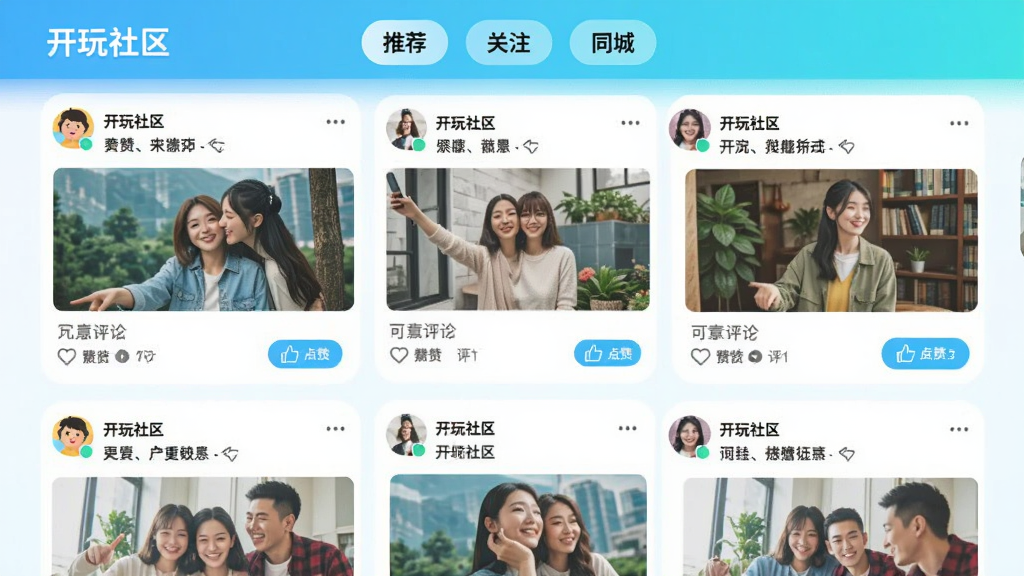 չʾ����APP��̬���������ʾ��ͼ���������ٲ�����ʽչʾ�����û���̬������ͼƬ�����ֺ͵������۰�ť�������С��Ƽ���������ע������ͬ�ǡ��ȷ����ǩ������ɫ���������£������ã������������޶���Ԫ�أ�ͼƬ����ʾ��������������