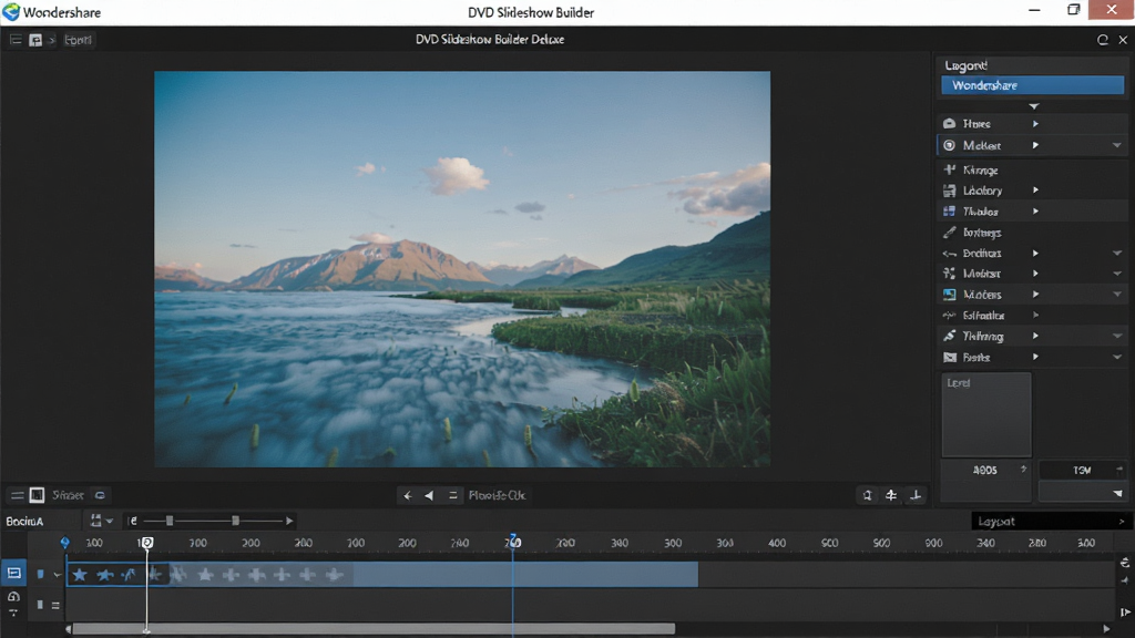 Wondershare DVD Slideshow Builder Deluxe 照片编辑界面,主体为单张照片编辑,右侧工具栏,底部时间线,布局专业,排版清晰,风格实用,高分辨率,细节丰富,画质干净,无多余元素