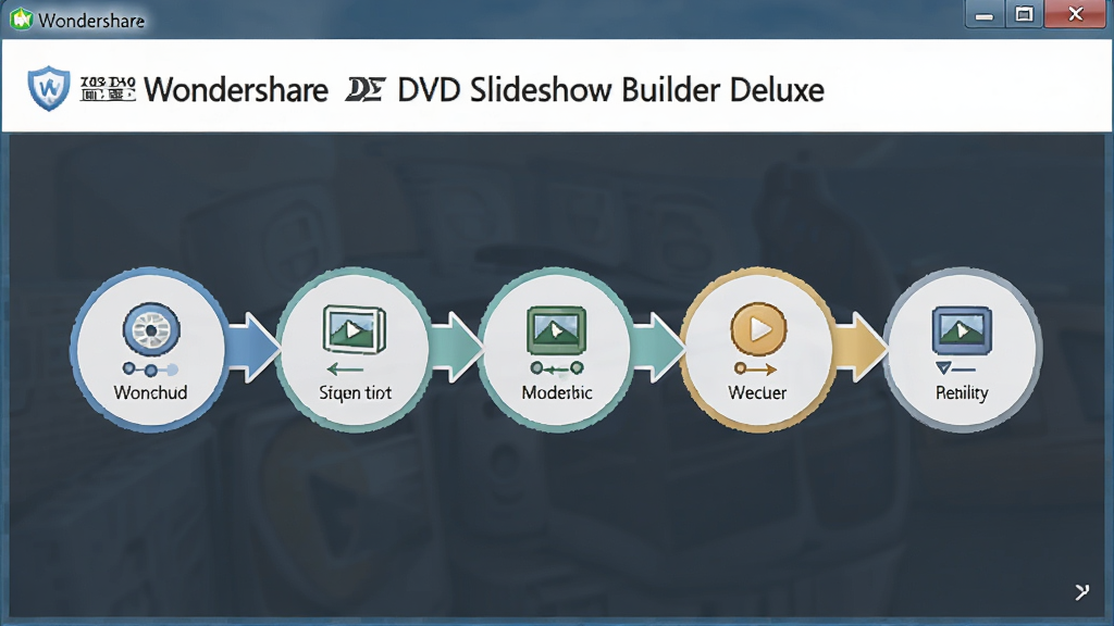 Wondershare DVD Slideshow Builder Deluxe 操作向导界面,主体为步骤指示条,布局清晰,排版简洁,风格友好,高分辨率,细节丰富,画质干净,无多余元素