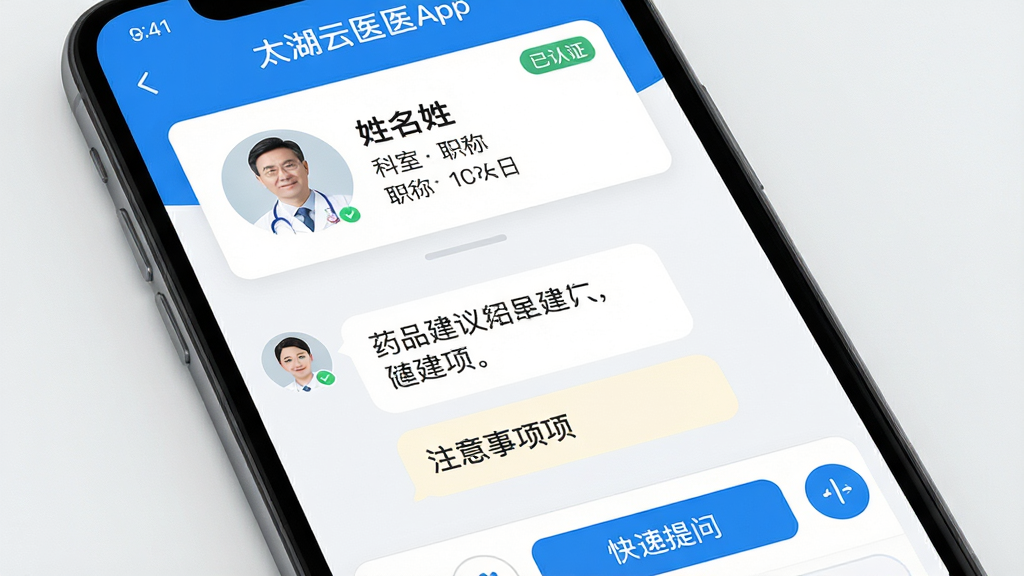 ���壺̫����ҽApp������������档���֣���Ļ�Ϸ���ʾҽ����Ϣ��Ƭ���·�������Ի���Ϳ�����ʰ�ť���Ű棺ҽ��ͷ�����������ҡ�ְ�������ɼ����Ի������Բ��������ʽ����񣺼��ҽ�Ʒ磬������ɫ������������ϸ�ڣ�ҽ��ҳ���ע������֤����ʶ���Ի�������ҩƷ�����ע��������ʣ����壬�ɾ����޶���Ԫ�ء�