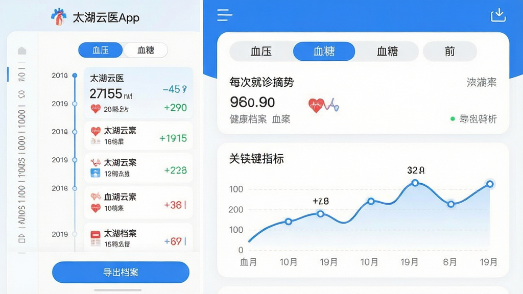 ���壺̫����ҽApp�Ľ��������������档���֣���Ļ���Ϊʱ���ᣬ�Ҳ���ʾÿ�ξ���ժҪ�͹ؼ�ָ�����ߡ��Ű棺�����Կ�Ƭ��ʽ���֣������С�Ѫѹ������Ѫ�ǡ��ȱ�ǩ�л�������ִ���Լ������������ͼ������������ϸ�ڣ������б�����������ͼ�������ݵ㣬�ײ��С�������������ť�����ʣ����壬�ɾ����޶���Ԫ�ء�