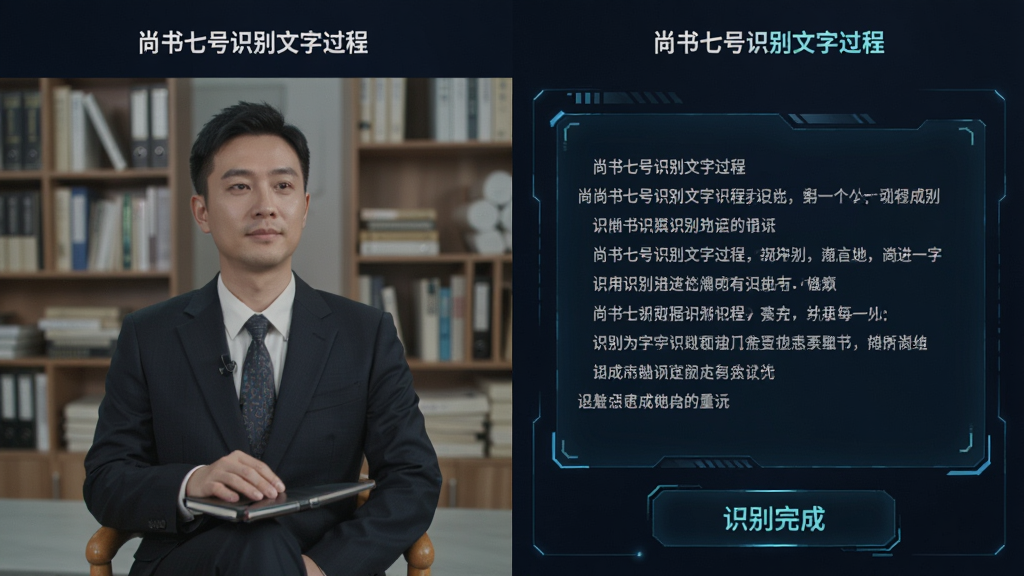 主体:尚书七号识别文字过程,布局:左侧原始图片,右侧识别后的文本结果,排版:对比展示,风格:科技感,细节:显示“识别完成”状态,画质:清晰,干净,无多余元素