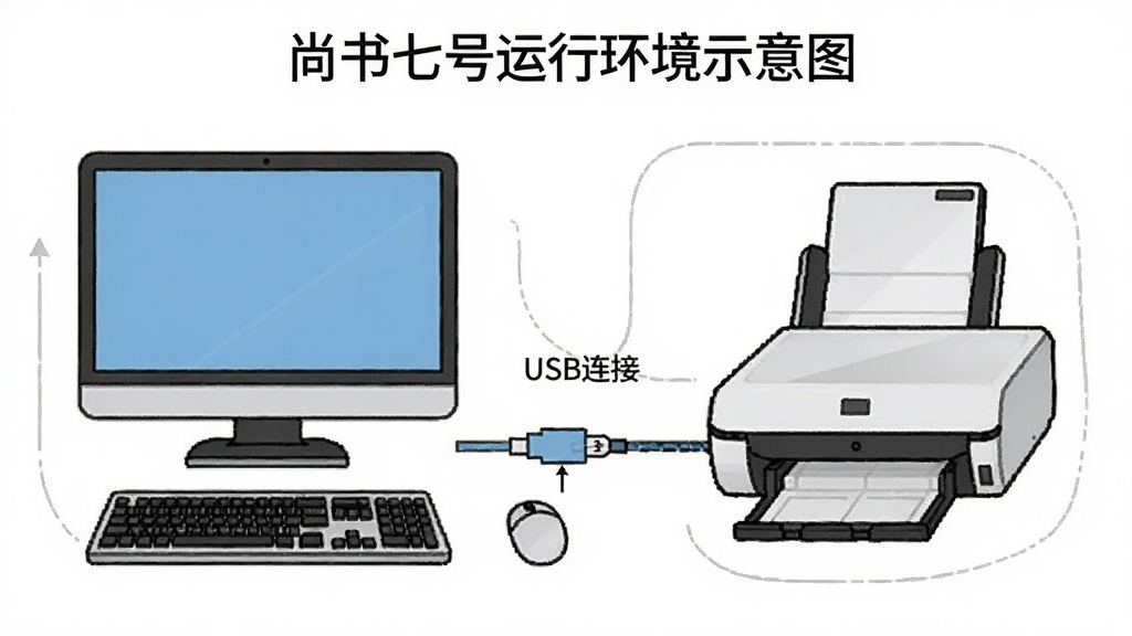 主体:尚书七号运行环境示意图,布局:电脑与扫描仪连接,排版:示意图,风格:简约,细节:标注“USB连接”,画质:清晰,干净,无多余元素