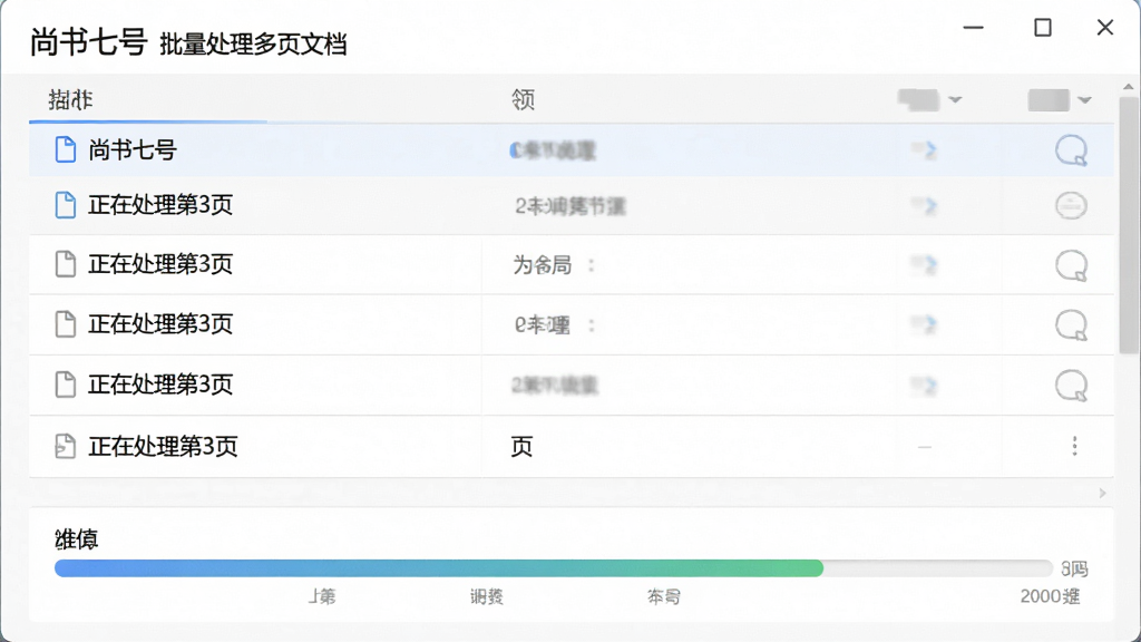 主体:尚书七号批量处理多页文档,布局:文件列表+进度条,排版:列表式,风格:简洁,细节:显示“正在处理第3页”,画质:高清,干净,无多余元素