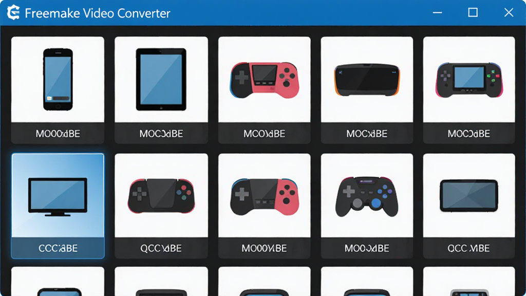���壺Freemake Video Converter���豸ѡ����棬չʾ�����豸ͼ�꣨���ֻ���ƽ�塢��Ϸ���������֣�ͼ���������У��Ű棺���룬��񣺱�ƽ����ƣ�ϸ�ڣ�ÿ���豸ͼ���·���ע�ͺţ�������ʾѡ�е��豸�����ʣ��������ɾ����޶���Ԫ��