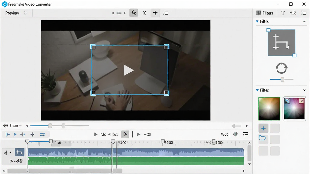 ���壺Freemake Video Converter����Ƶ�༭���棬չʾʱ���ᡢ�ü�����ת��ť���˾�ѡ����֣��༭�����������Ҳ࣬Ԥ�����ھ��У��Ű棺��������񣺼��ʵ�ã�ϸ�ڣ���ʾ��ƵԤ������ͱ༭�ؼ���������ʾ�ü����򣬻��ʣ����壬�ɾ����޶���Ԫ��