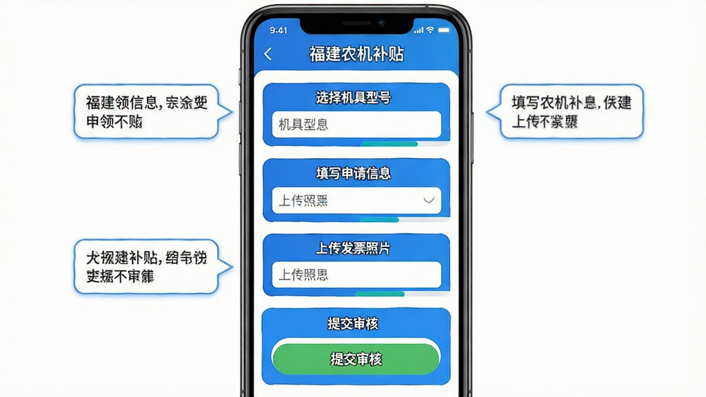 主体为手机界面展示“福建农机补贴”补贴申领流程,屏幕从上到下依次为“选择机具型号”、“填写申请信息”、“上传发票照片”、“提交审核”四个步骤,当前高亮显示“填写申请信息”步骤;布局为手机居中,左右两侧有辅助说明文字气泡;排版步骤清晰,进度条醒目;风格简洁明快,配色以蓝白为主;细节包括输入框内有示例文字,按钮为圆角绿色;画质干净,无多余元素。