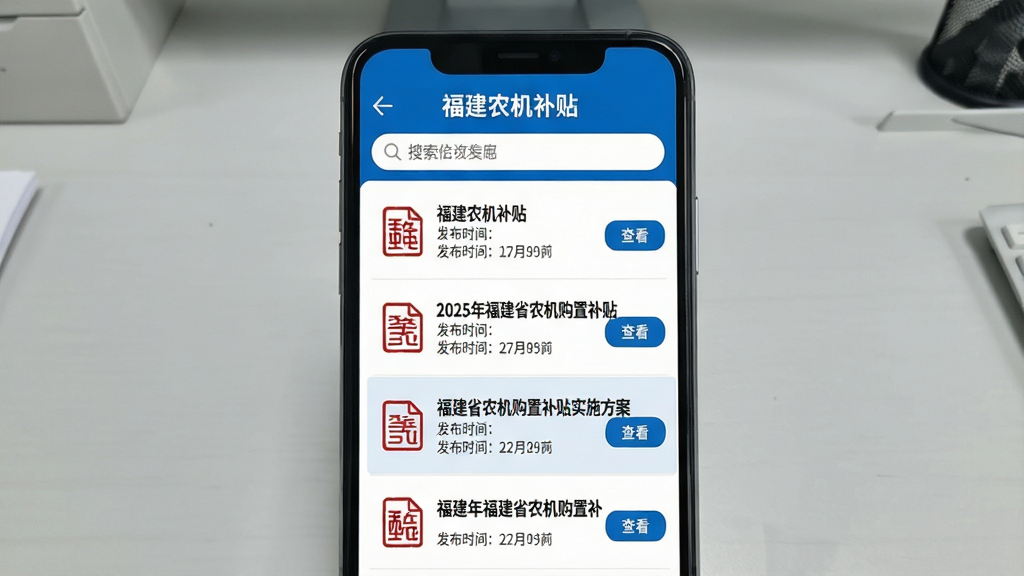 主体为手机屏幕展示“福建农机补贴”政策公示页面,页面顶部为搜索栏,下方为政策文件列表,每个条目显示文件标题、发布时间和“查看”按钮;布局为手机居中,背景为浅灰色办公桌面;排版列表清晰,文字可读性强;风格正式,蓝白配色,文件图标为红色印章样式;细节包括一条政策高亮显示“2025年福建省农机购置补贴实施方案”;画质干净,无多余元素。