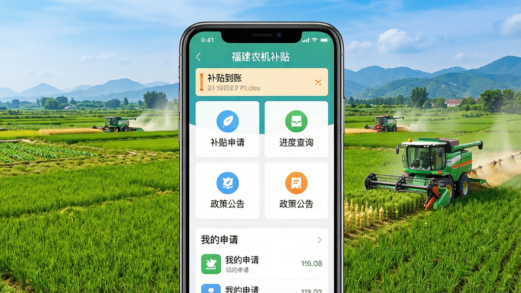 主体为智能手机屏幕展示“福建农机补贴”应用界面,界面清晰显示补贴申请、进度查询、政策公告等主要功能模块,背景为福建省田园风光,远处有农业机械作业场景;布局以手机为中心,四周留白,突出界面内容;排版简洁,功能图标排列整齐,文字标签清晰;风格写实,色彩明亮,绿色与蓝色为主色调;细节包括通知栏有“补贴到账”提示,底部有“我的申请”列表;画质高清,干净,无多余元素。