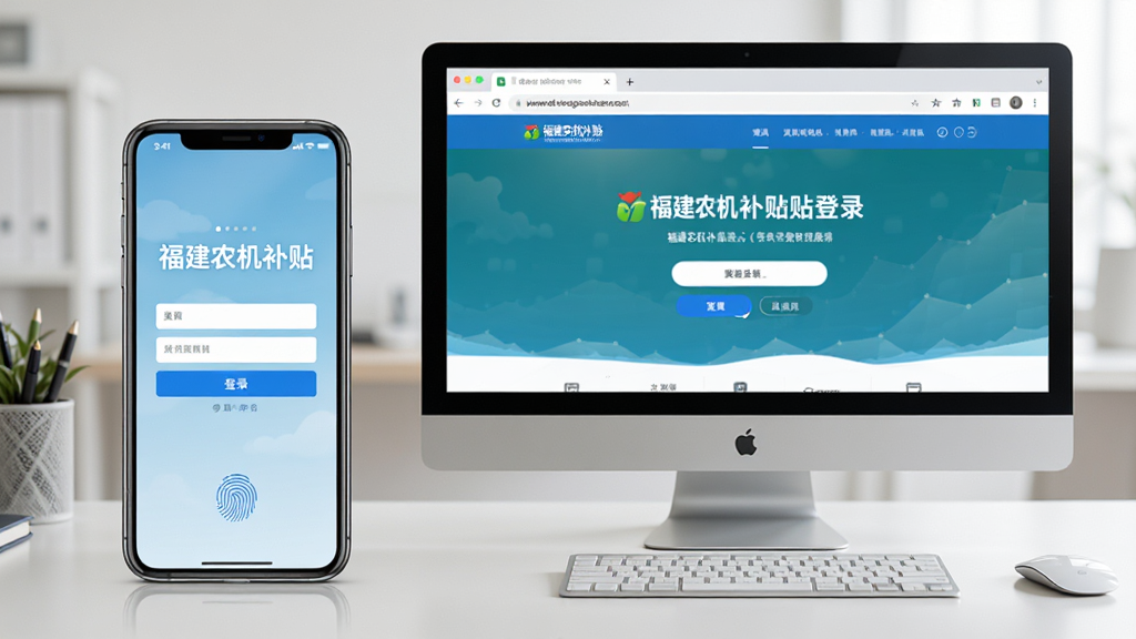 主体为一部手机和一台电脑并排放置,手机屏幕显示“福建农机补贴”登录页面,电脑屏幕显示同一应用的网页版界面;布局为左右对称,背景为整洁的办公桌;排版简洁,两个设备大小比例协调;风格写实,光线柔和;细节包括手机上有指纹解锁图标,电脑上有浏览器地址栏;画质高清,干净,无多余元素。