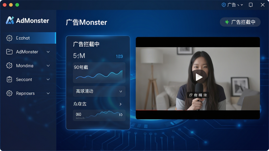 主体:AdMonster视频网站广告屏蔽助手软件界面,居中显示实时拦截统计面板,背景为深蓝色科技感渐变。布局:左侧功能菜单,右侧预览窗口,顶部为状态栏显示“广告拦截中”。排版:简洁清晰,图标线性风格。风格:现代扁平化,带微光效。细节:界面文字为白色,突出“AdMonster”logo,屏幕中播放视频无广告。画质:4K超清,干净,无多余元素。
