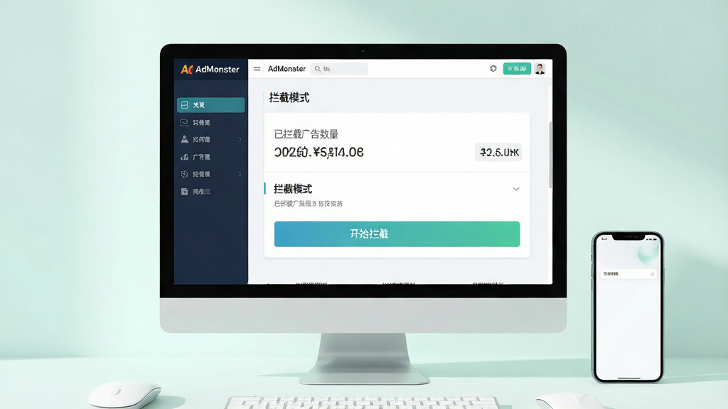 主体:电脑或手机屏幕展示AdMonster软件的设置界面,显示“拦截模式”选项。布局:设备屏幕居中,旁边有鼠标和手机模型。排版:界面简洁,有“开始拦截”按钮。风格:清新浅色背景,柔和光影。细节:屏幕中显示“已拦截广告数量”统计。画质:超清,干净,无多余元素。