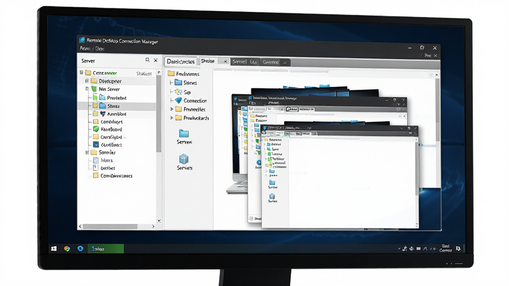 画面主体为一块现代感十足的深色电脑屏幕,屏幕中央显示Remote Desktop Connection Manager软件主界面,界面左侧是树形服务器列表,右侧是多个标签页打开的远程桌面窗口,布局清晰有序。整体风格为科技感UI设计,细节包括连接状态图标、服务器分组文件夹、底部状态栏。画质高清,干净无多余元素,无文字。