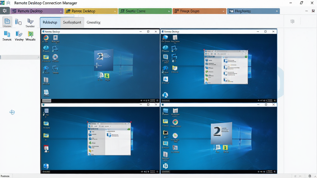 画面主体为Remote Desktop Connection Manager软件的多标签页操作界面,顶部有多个彩色标签页,每个标签页显示不同的远程桌面内容,中央一块屏幕平铺显示四个远程桌面窗口。风格为现代化UI设计,细节包括标签页颜色、窗口边框、桌面图标。画质高清,干净无多余元素,无文字。