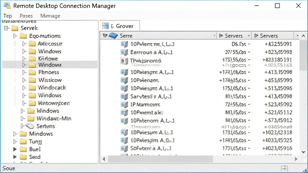 画面主体为Remote Desktop Connection Manager软件的分组管理界面,左侧树形目录展开多个服务器文件夹,右侧显示选中分组内的服务器列表,布局清晰。风格为简洁的Windows桌面软件界面,细节包括文件夹图标、服务器名称、IP地址列。画质干净,无多余元素,无文字。