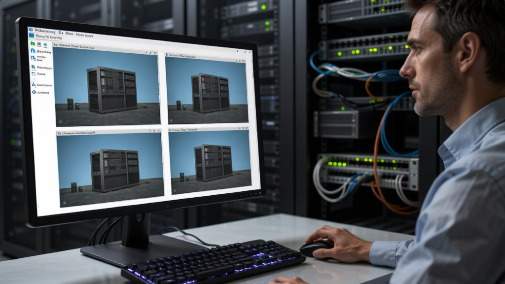 画面主体为电脑屏幕前一位IT管理员正在使用Remote Desktop Connection Manager管理多台服务器,屏幕中同时打开多个远程桌面窗口,管理员手持鼠标点击操作。布局为侧视角度,风格写实,细节包括服务器机柜、网络指示灯、键盘灯光。画质清晰,干净无多余元素,无文字。