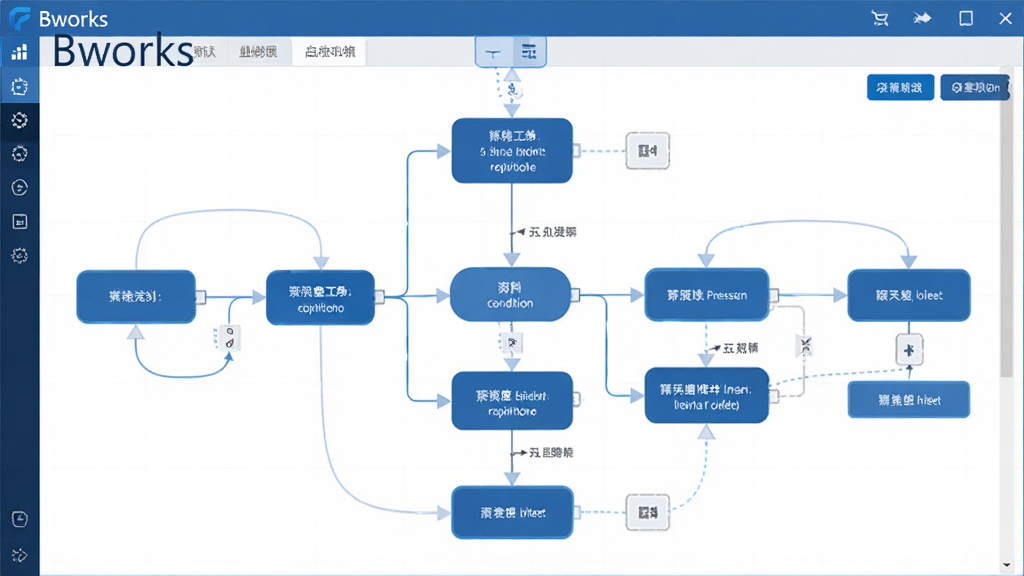 Bworks软件的流程自动化设计界面,主体是流程图节点和连线,布局清晰,排版专业,风格科技蓝配色,细节包括条件分支和操作按钮,画质高清,无多余元素,图中显示“Bworks”软件名称