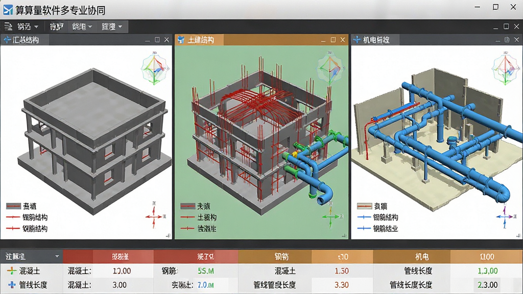 主体:算算量软件多专业协同界面,显示土建结构、钢筋布置、机电管线三个图层叠加。布局:三个视口分别展示不同专业模型,下方为汇总数据条。排版:各专业颜色区分,图例清晰,数据条显示混凝土、钢筋、管线长度。风格:三维可视化,现代工程风。细节:土建为灰色实体,钢筋为红色线条,管线为蓝色管道。画质:精细渲染,无多余元素。